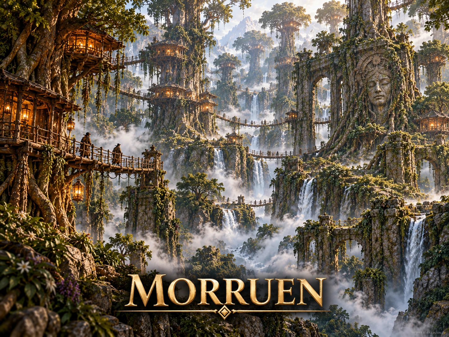 A forest settlement of wooden homes and platforms around towering trees, linked by suspension bridges beside carved stone faces and misty waterfalls.