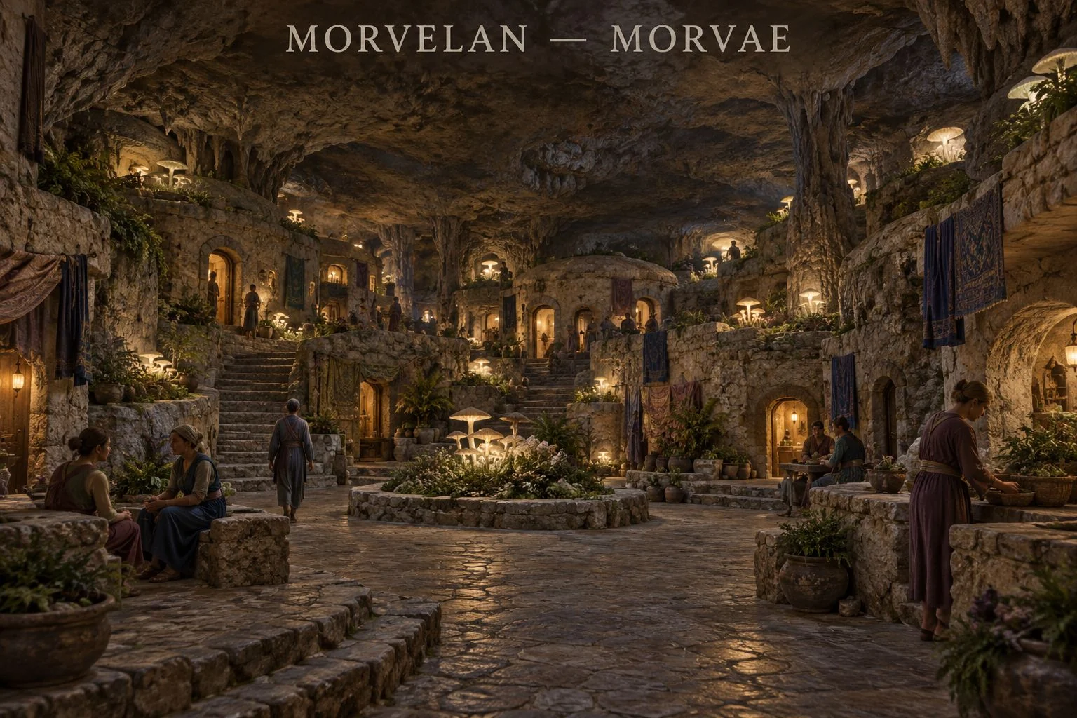Terraced homes surround a circular planted courtyard in a broad underground chamber.