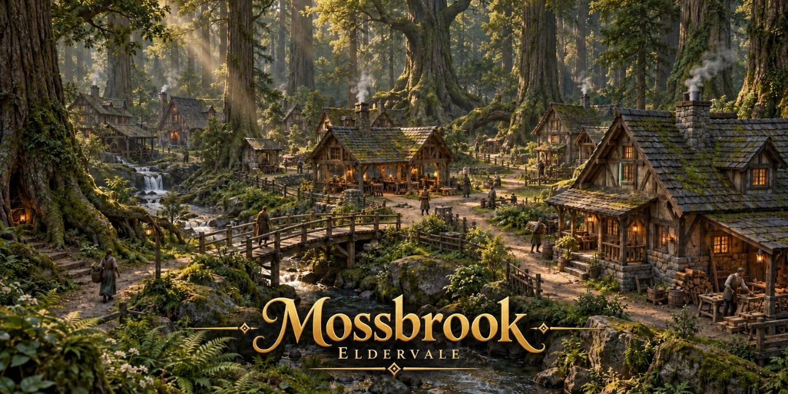 Wooden cottages sit among mossy roots and towering forest trees beside a rocky stream.