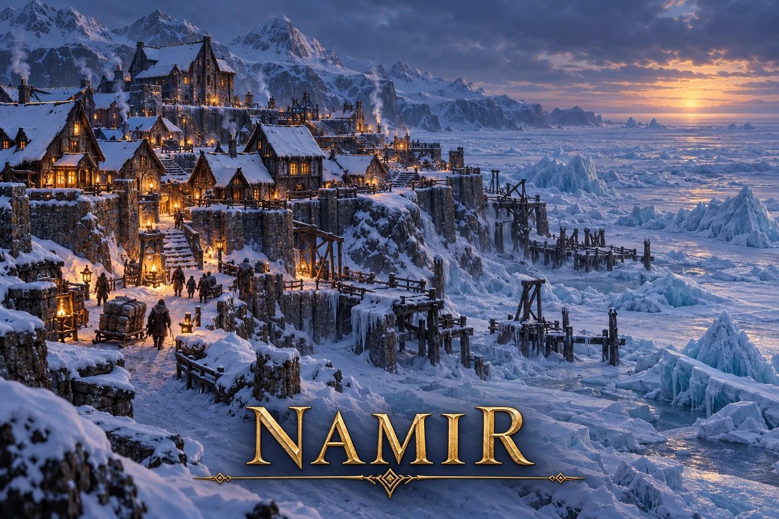 Warmly lit timber buildings and docks line an icy shore beneath snow-covered mountains at dusk.