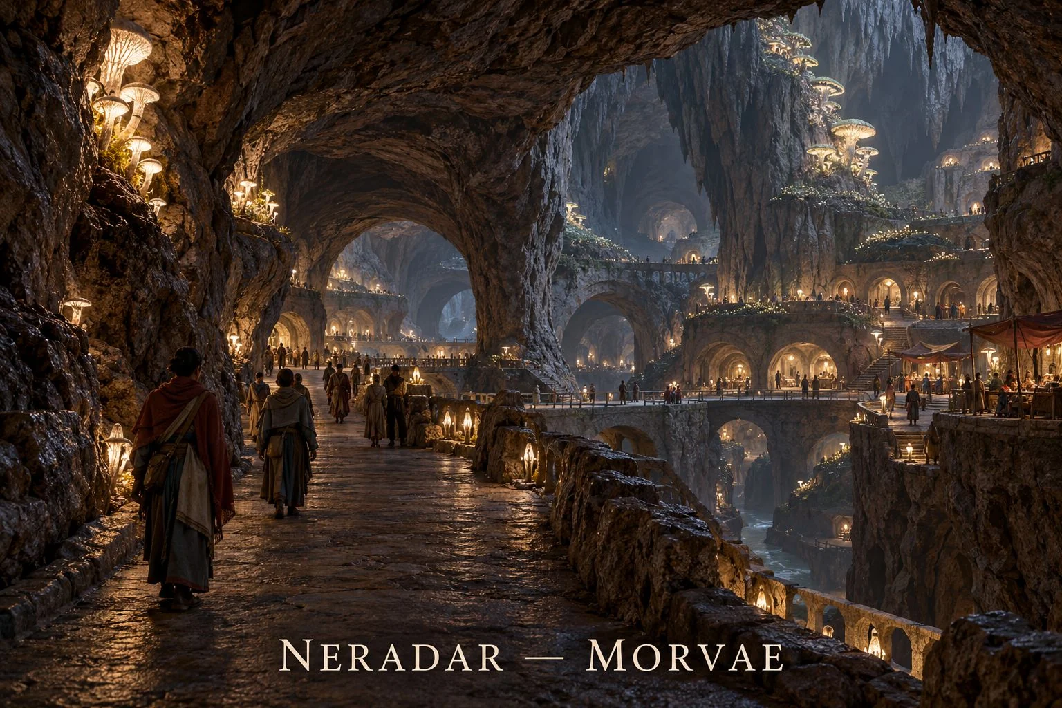 A winding stone walkway connects glowing homes across a deep cavern settlement.