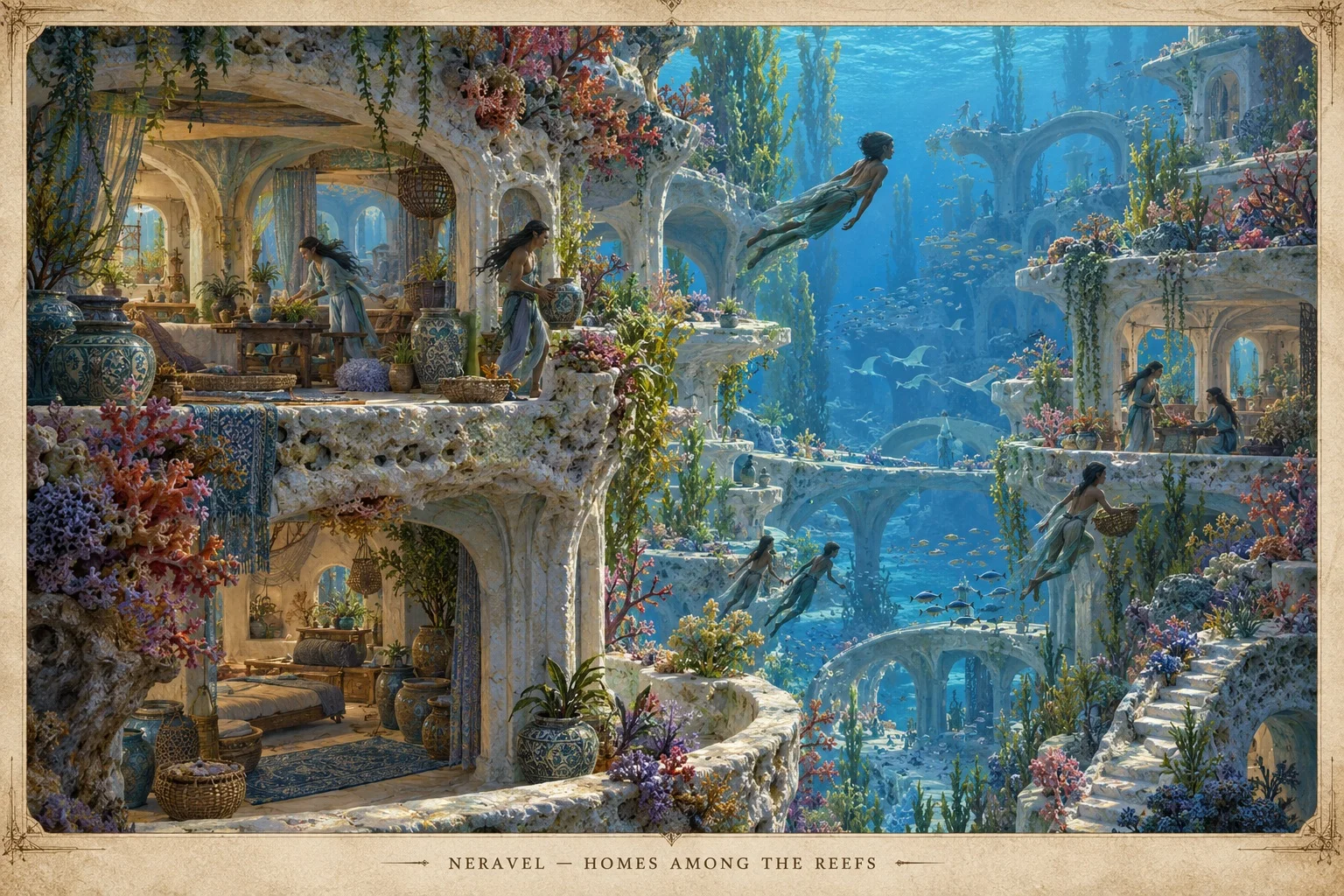 Warmly lit underwater homes open onto coral-covered terraces and arched bridges among the reefs of Neravel.