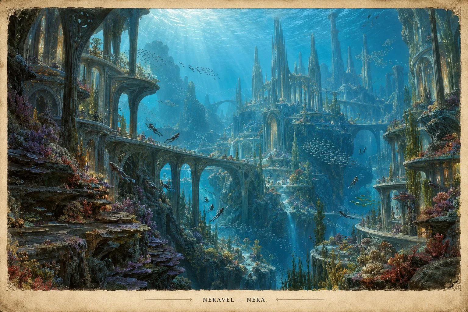 Towers and arched bridges rise through blue water in the underwater city of Neravel.