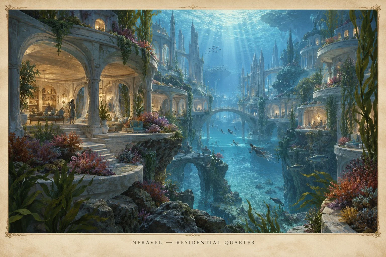 Underwater homes with glowing windows and planted terraces line a blue submerged avenue.