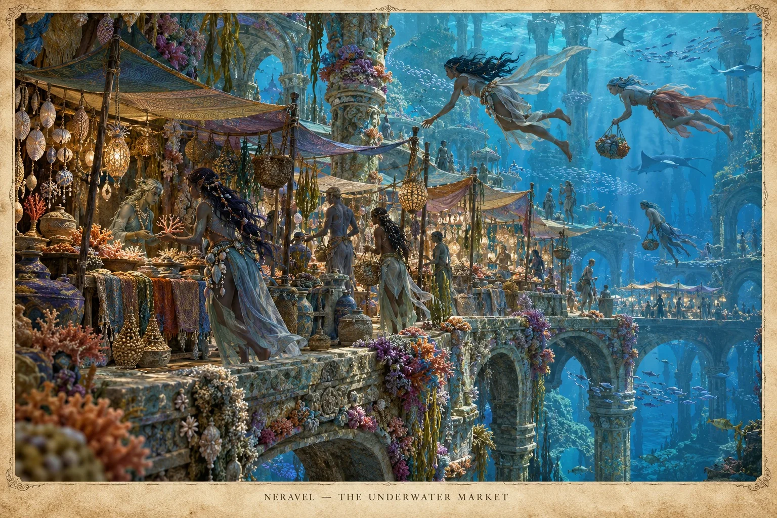 Swimmers pass market stalls displaying goods beneath awnings on coral-covered stone terraces in Neravel.