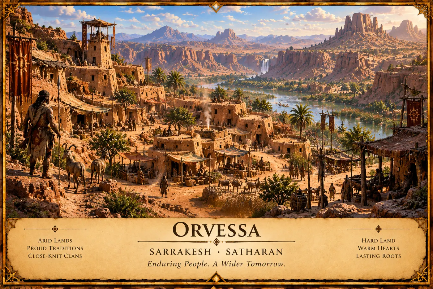 A desert village spreads among red rock formations and palm trees.