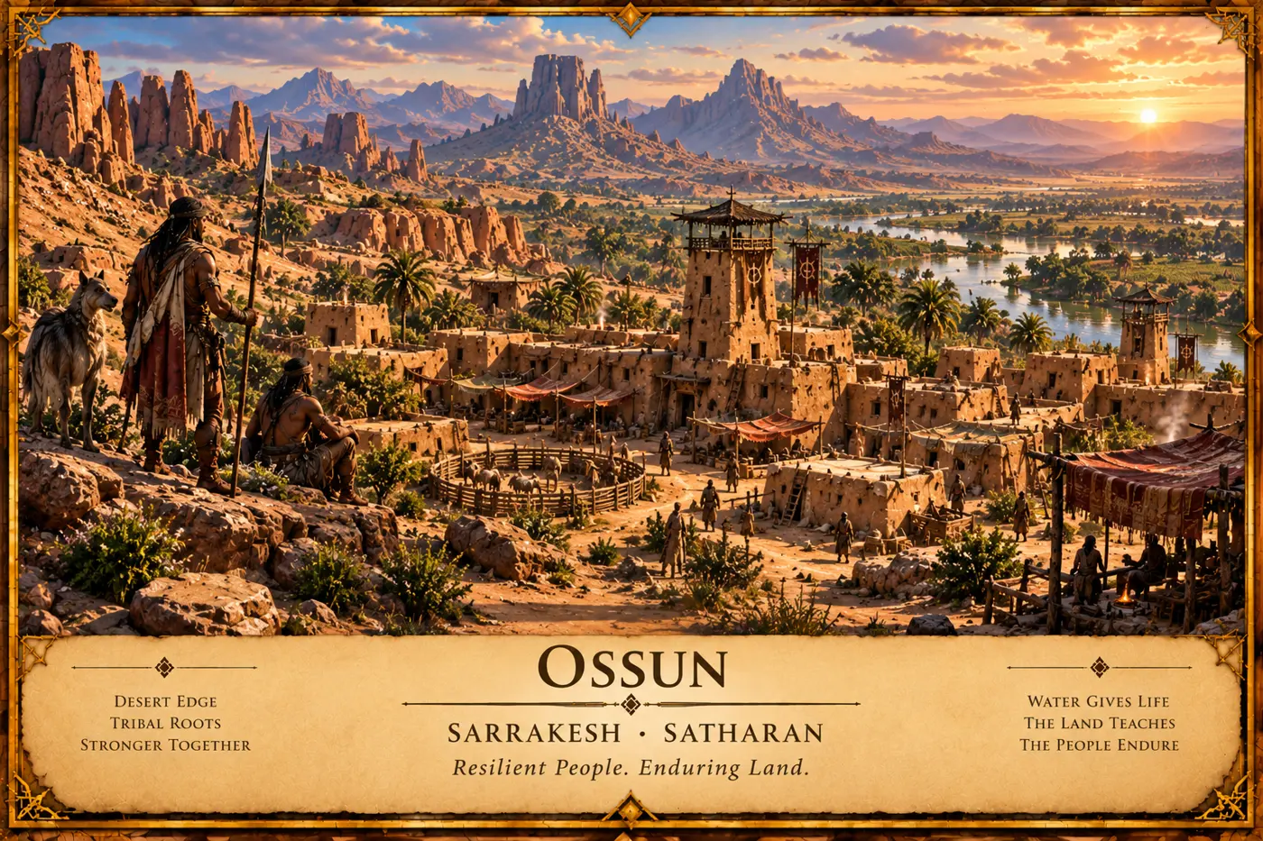 Warm sunset light illuminates Ossun’s desert buildings and palms.