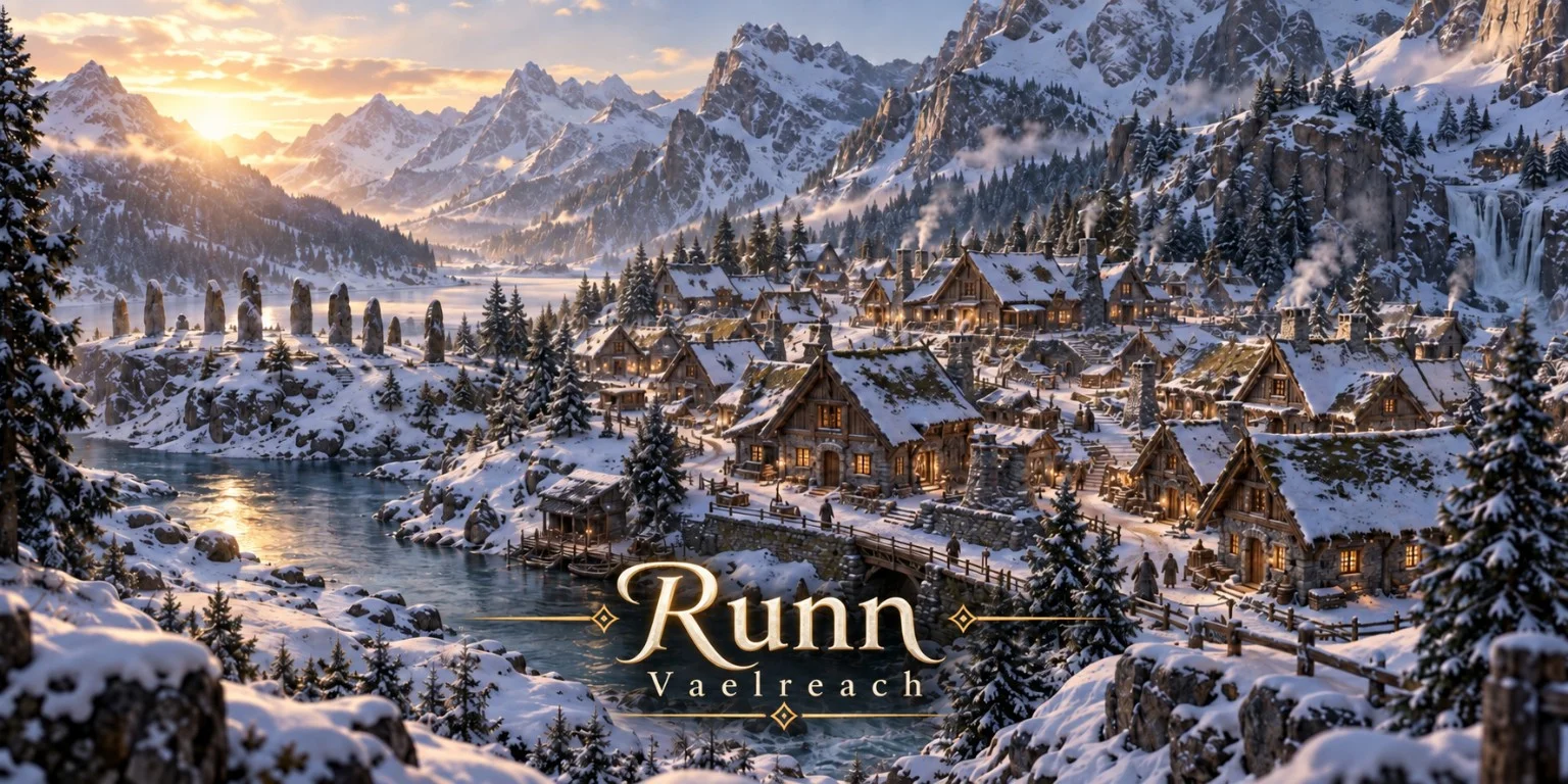 A snow-covered village of timber homes sits beside a mountain river, with standing stones, pine forests, and distant peaks.