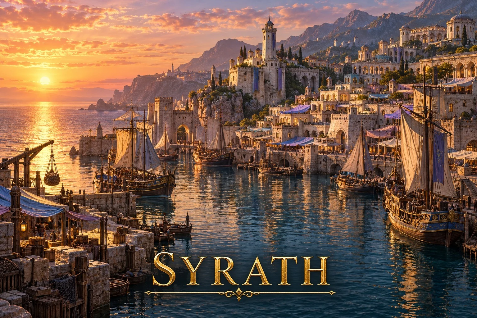 Sailing boats fill a sheltered harbor beneath a terraced coastal city glowing in sunset light.