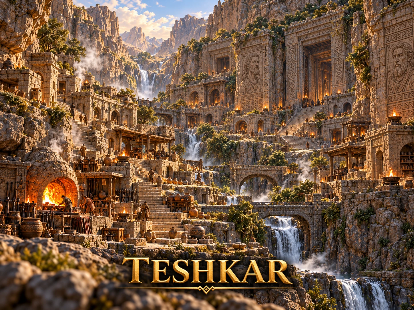 A terraced stone settlement carved into a canyon, with monumental doorways, relief carvings, glowing forges, bridges, and waterfalls.