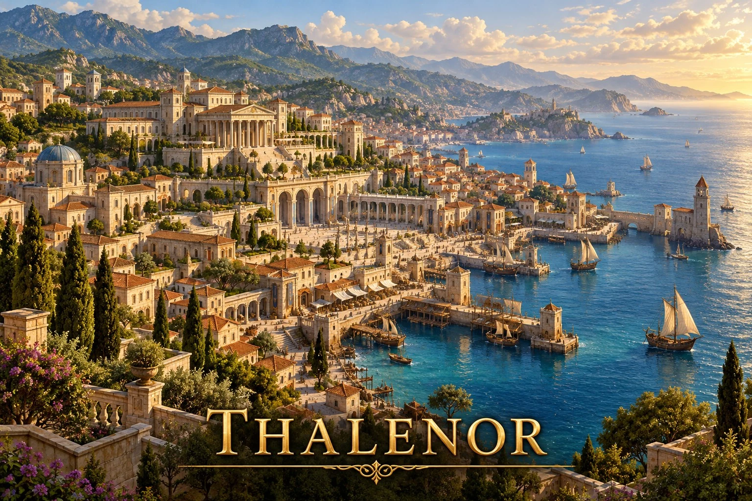 A terraced coastal city of pale stone buildings and columned halls overlooks blue harbors and distant mountains.