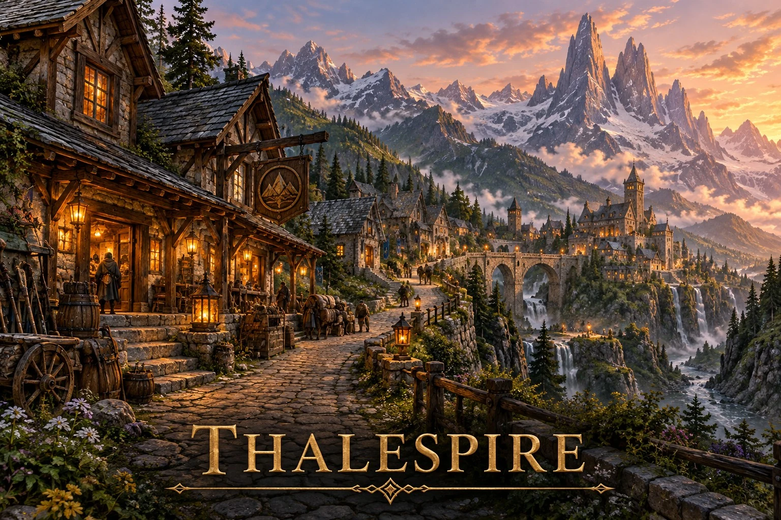 Warmly lit timber homes line a mountain village path overlooking pine forests and jagged peaks at sunset.