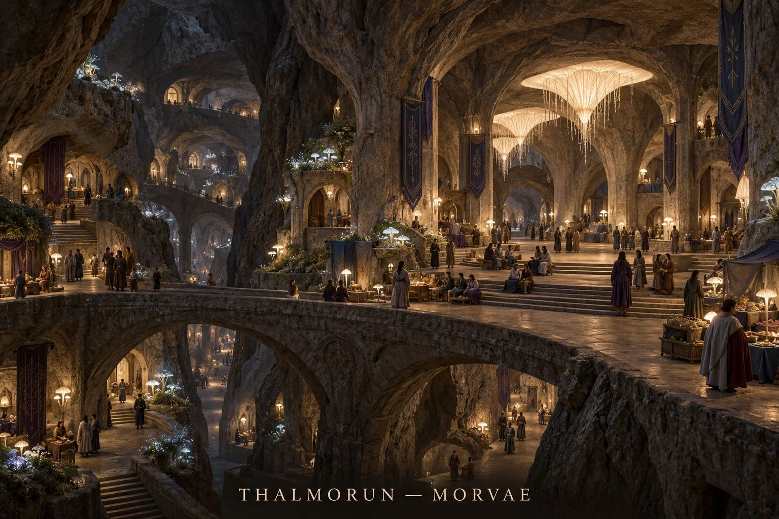 Residents cross stone bridges beneath sweeping arches in an illuminated cavern town.