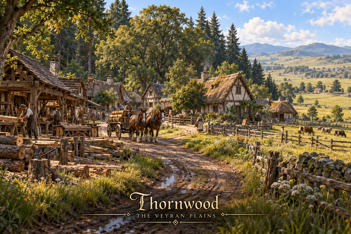 Timber houses line a village road beneath wooded mountain slopes.