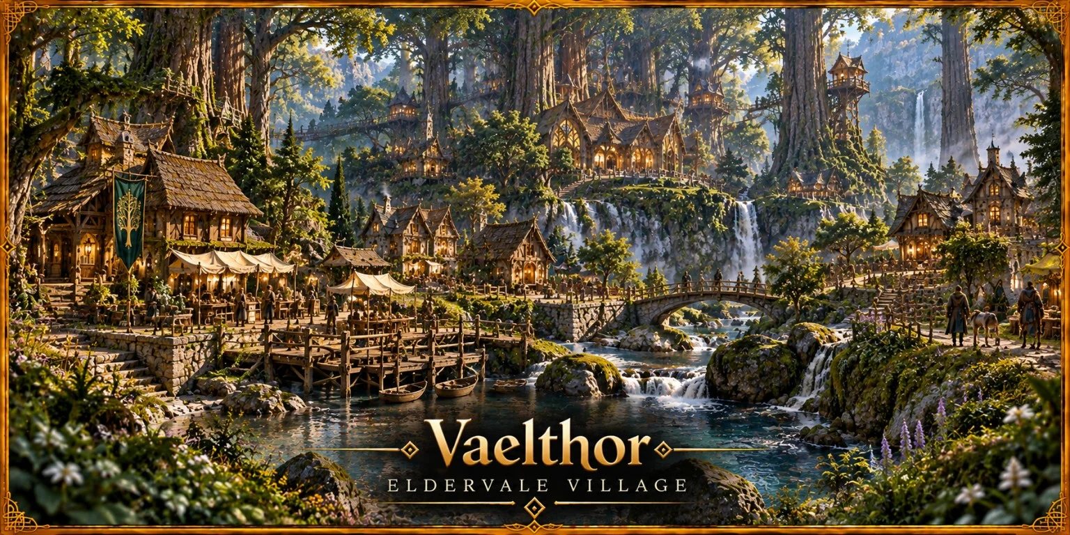 A forest village of timber cottages and bridges surrounds a rocky stream and waterfalls beneath towering trees.