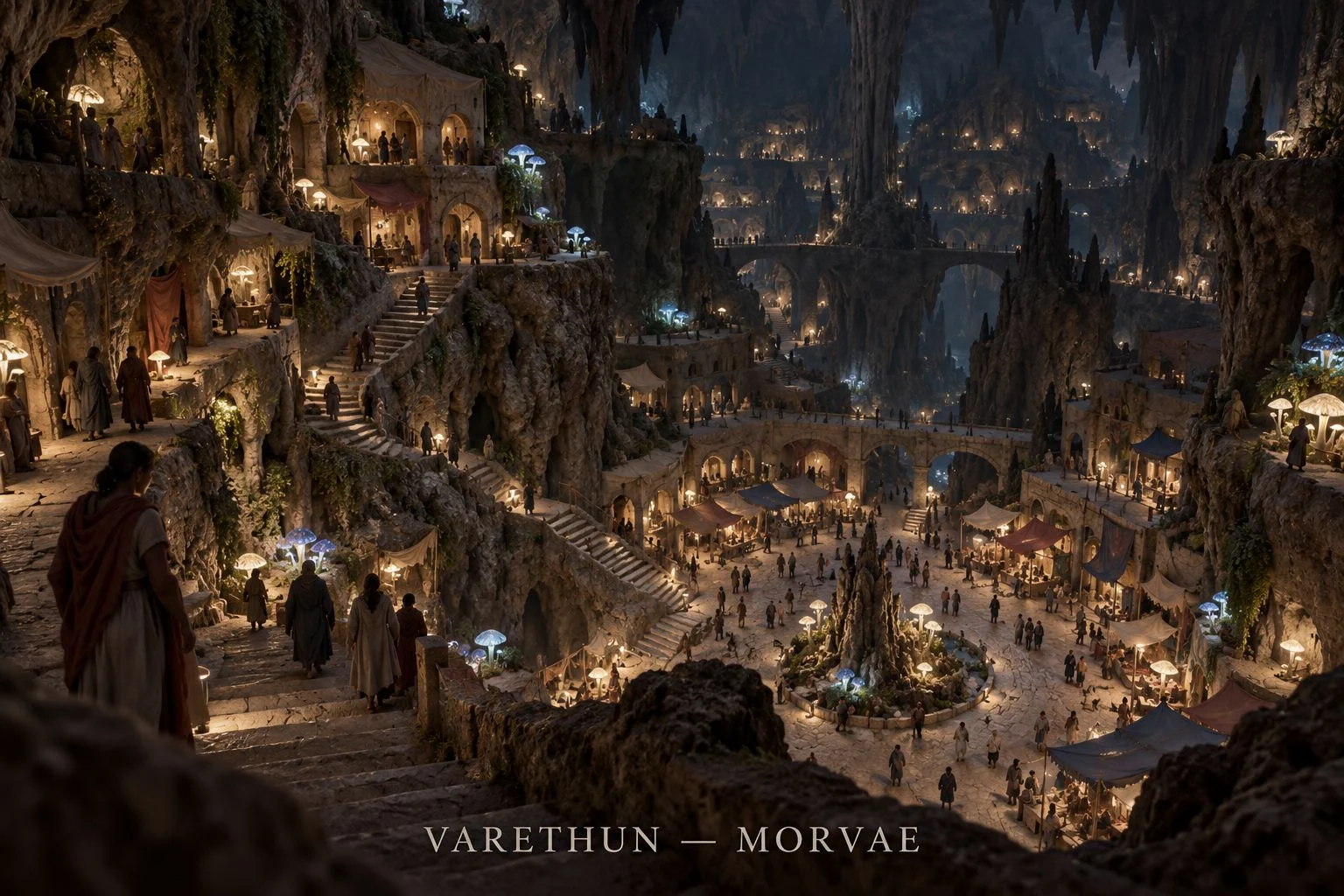 Warmly lit homes and busy terraces fill a vast cavern settlement.
