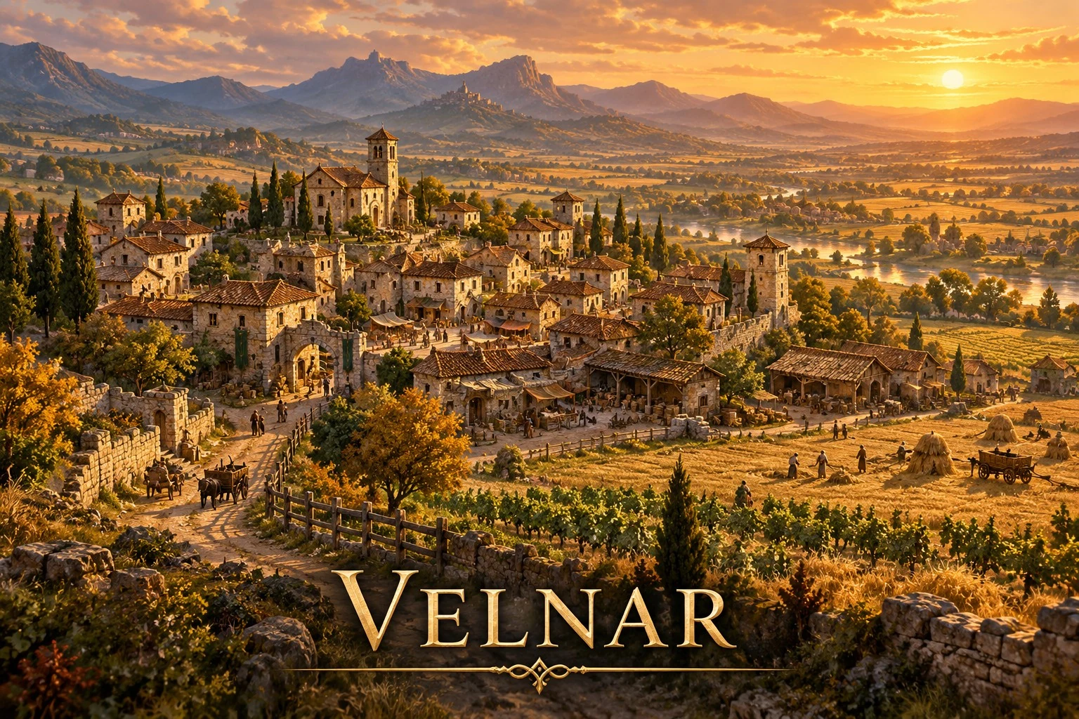 A sprawling walled town overlooks golden farmland and rolling hills beneath a warm sunset.