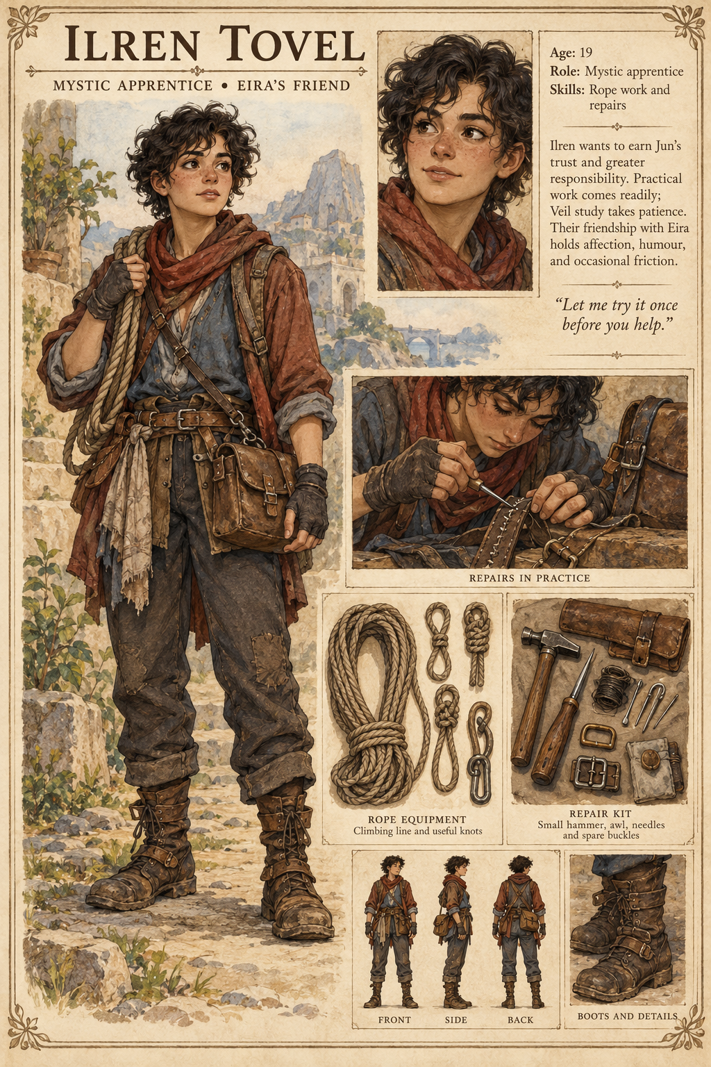 Character reference showing Ilren Tovel, their clothing, rope equipment, and repair kit.