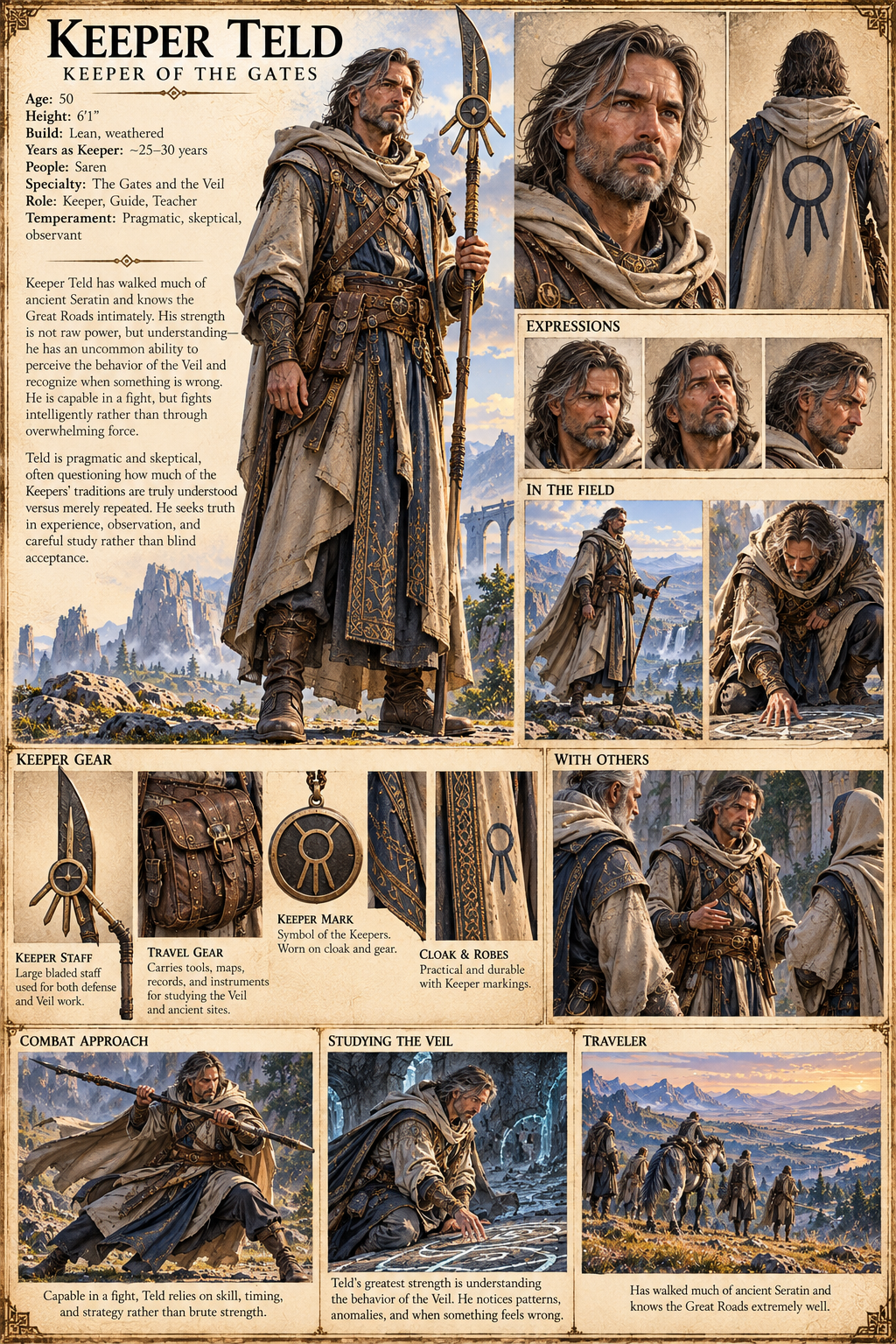 Character reference showing Keeper Teld, his staff, travel gear, and studies of the Veil.