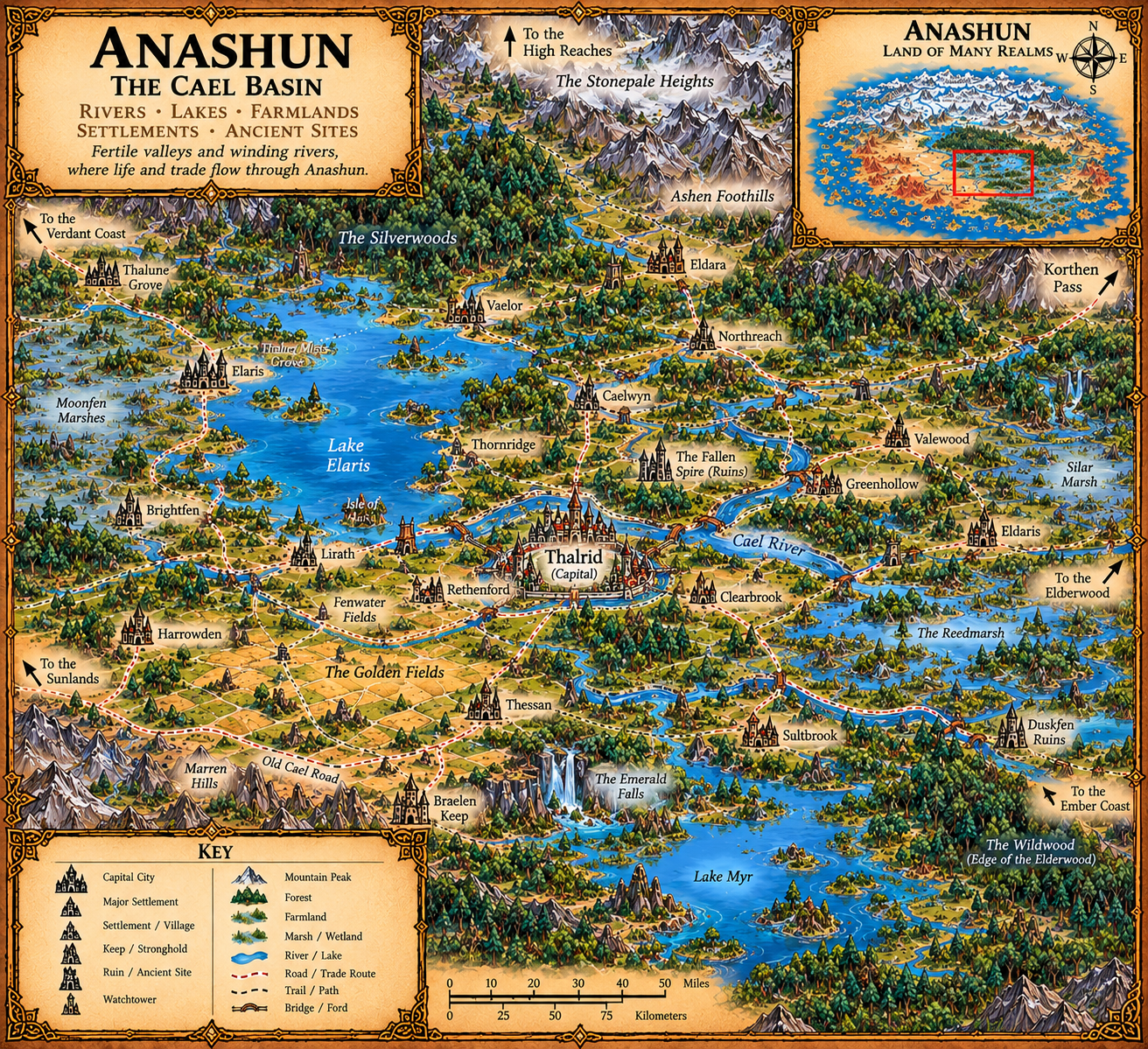 Anashun — The Cael Basin map. The rivers, lakes, farmlands, settlements and ancient sites of the Cael Basin.