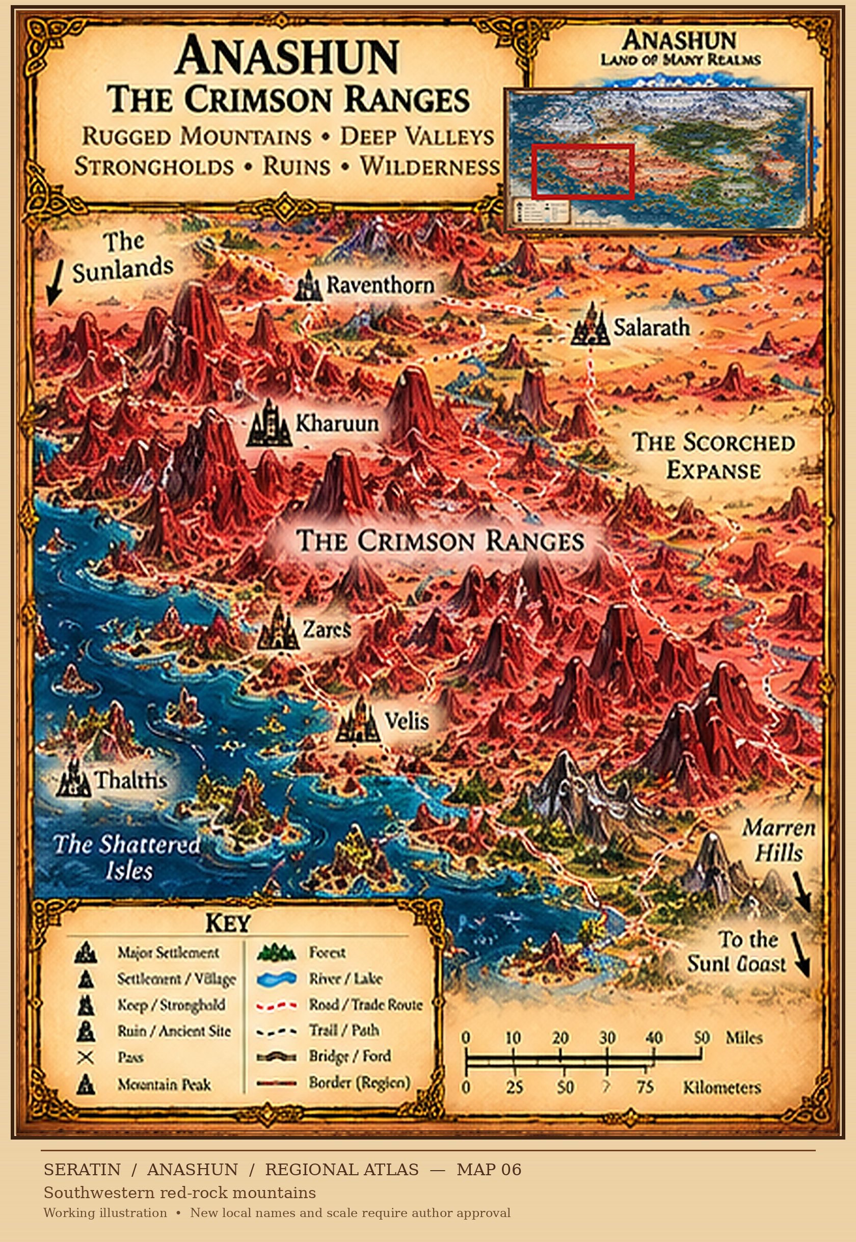 Anashun — The Crimson Ranges. The rugged mountains, deep valleys, strongholds, ruins and wilderness of the Crimson Ranges.