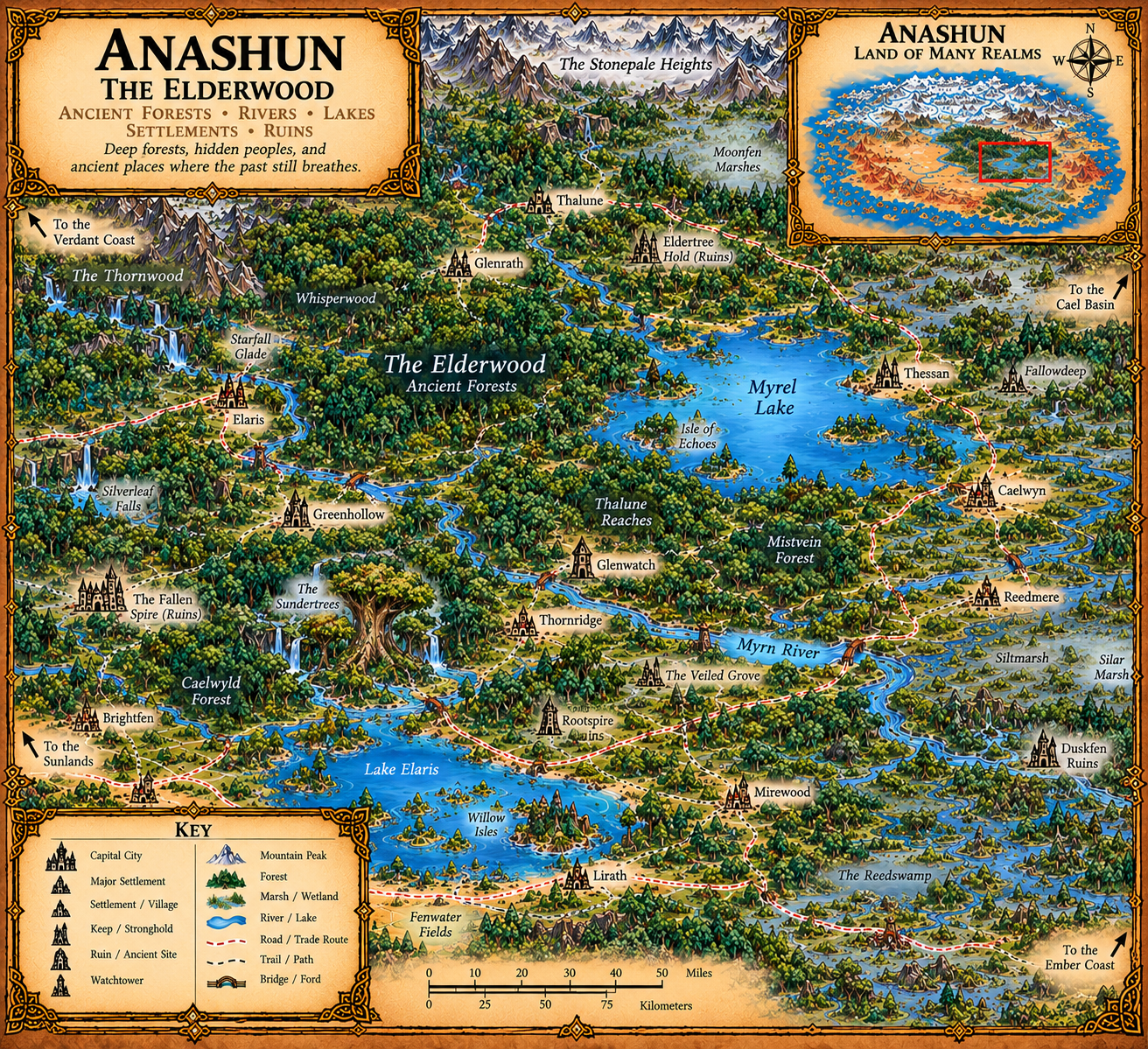 Anashun — The Elderwood map. The ancient forests, rivers, lakes, settlements and ruins of the Elderwood.