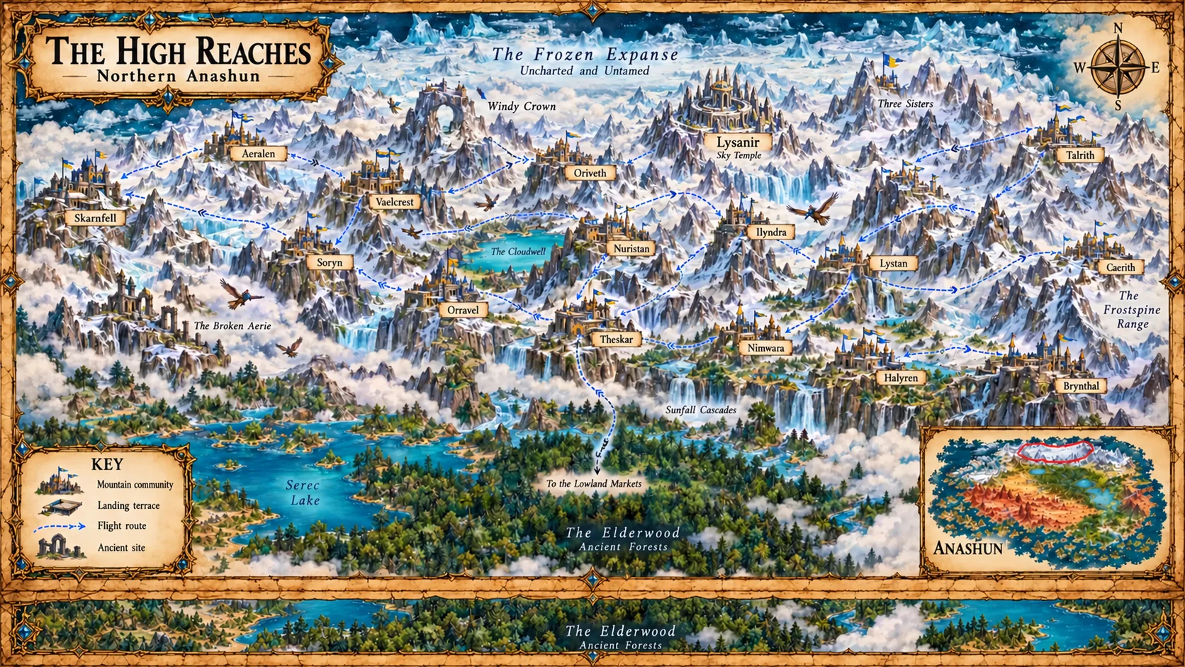 Anashun — The High Reaches. The mountain communities of northern Anashun beneath the Frozen Expanse, from the Windy Crown and the Lysanir Sky Temple to the Three Sisters and the Frostspine Range, linked by flight routes from Skarnfell and Oriveth to Nuristan, Lystan and Brynthal, above the Cloudwell, the Broken Aerie, the Sunfall Cascades, Serec Lake and the Elderwood.