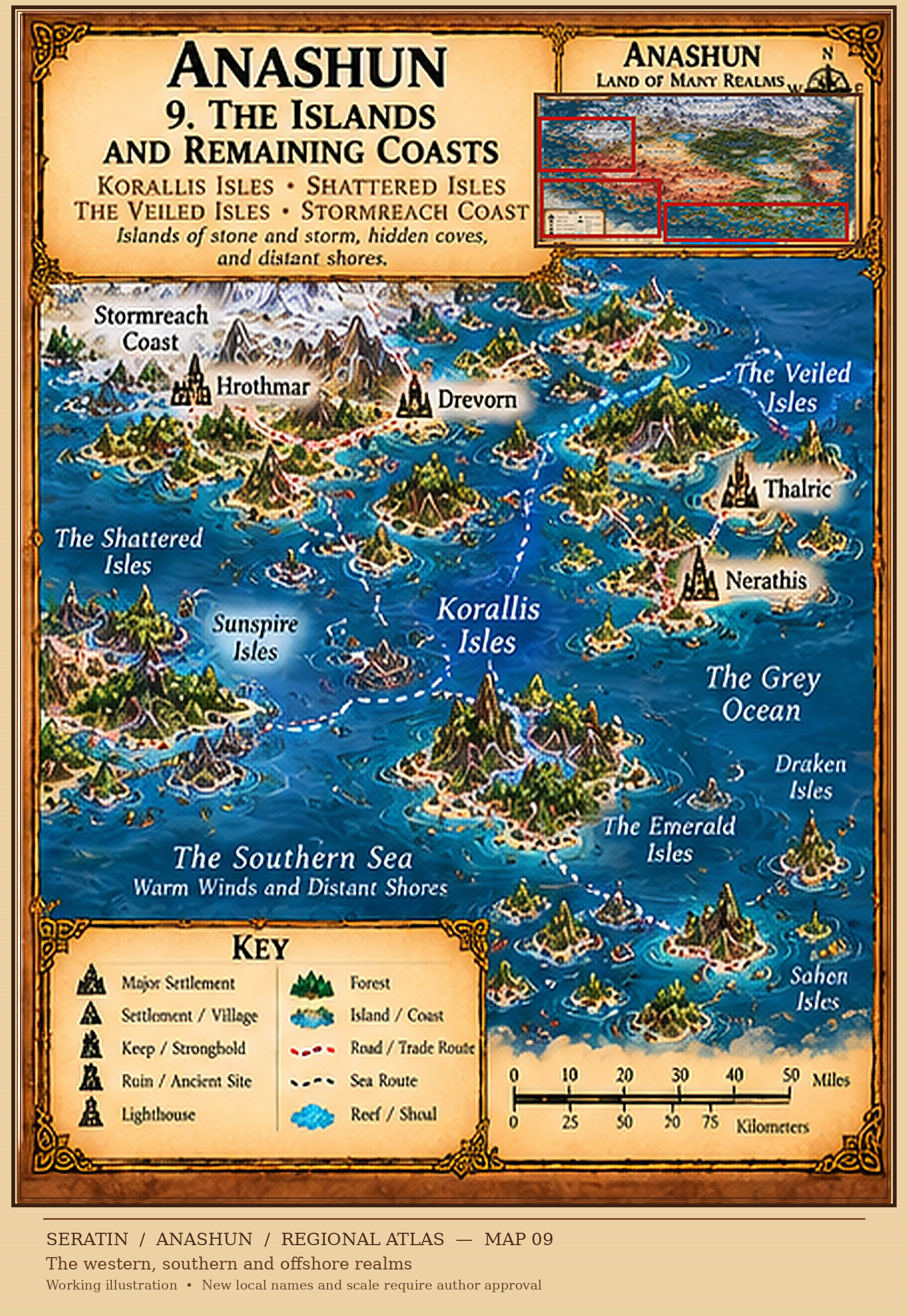 Anashun — The Islands and Remaining Coasts. The Korallis Isles, Shattered Isles, Veiled Isles and Stormreach Coast, with islands, currents and distant shores.