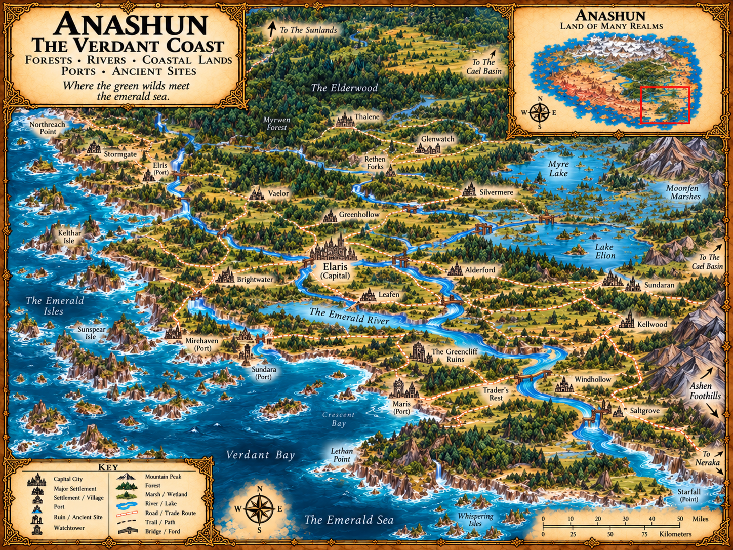 Anashun — The Verdant Coast map. The forests, rivers, coastal lands, ports and ancient sites of the Verdant Coast.