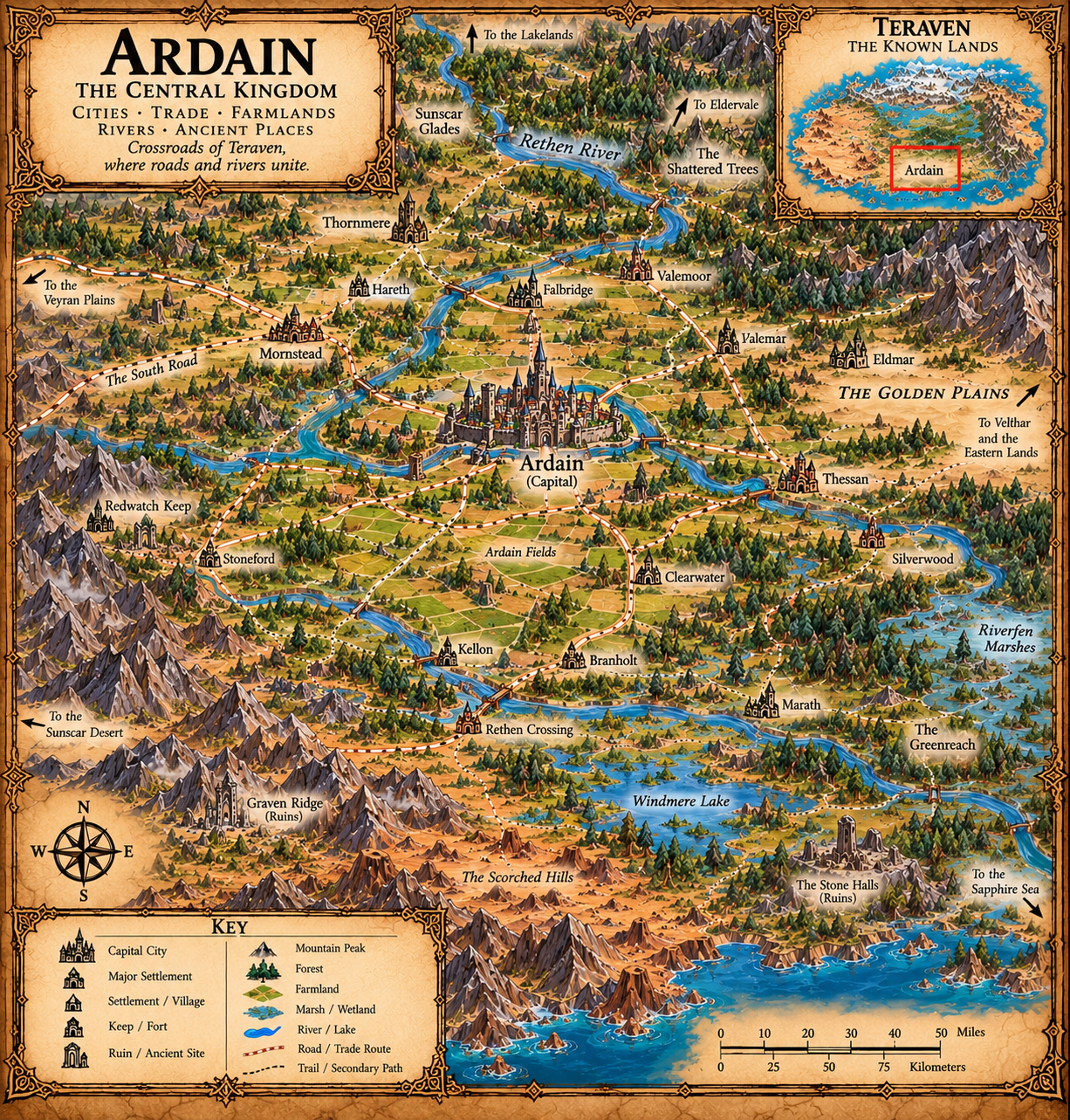 Ardain — The Central Kingdom map. The towns, rivers, roads and landmarks of Ardain, the central kingdom.