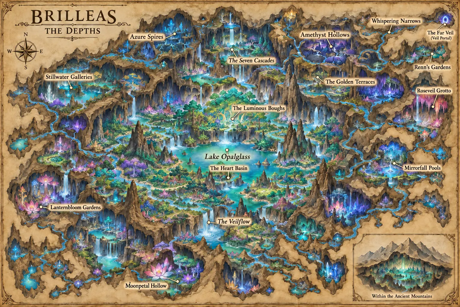 The Brilleas Depths. The enchanted caverns of Brilleas within the ancient mountains, around Lake Opalglass and the Heart Basin, from the Seven Cascades, Golden Terraces and Luminous Boughs to Lanternbloom Gardens, Moonpetal Hollow, Renn’s Gardens and the Far Veil portal.