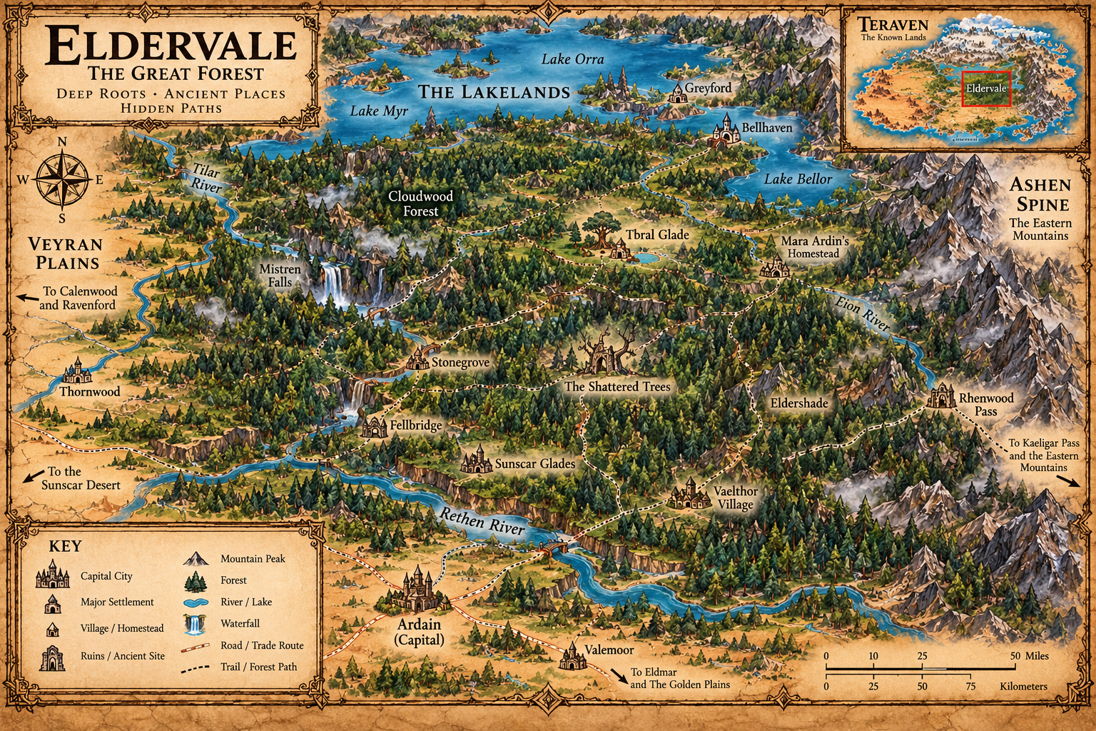 Eldervale — The Great Forest map. The woodland settlements, rivers and paths of Eldervale, the great forest.