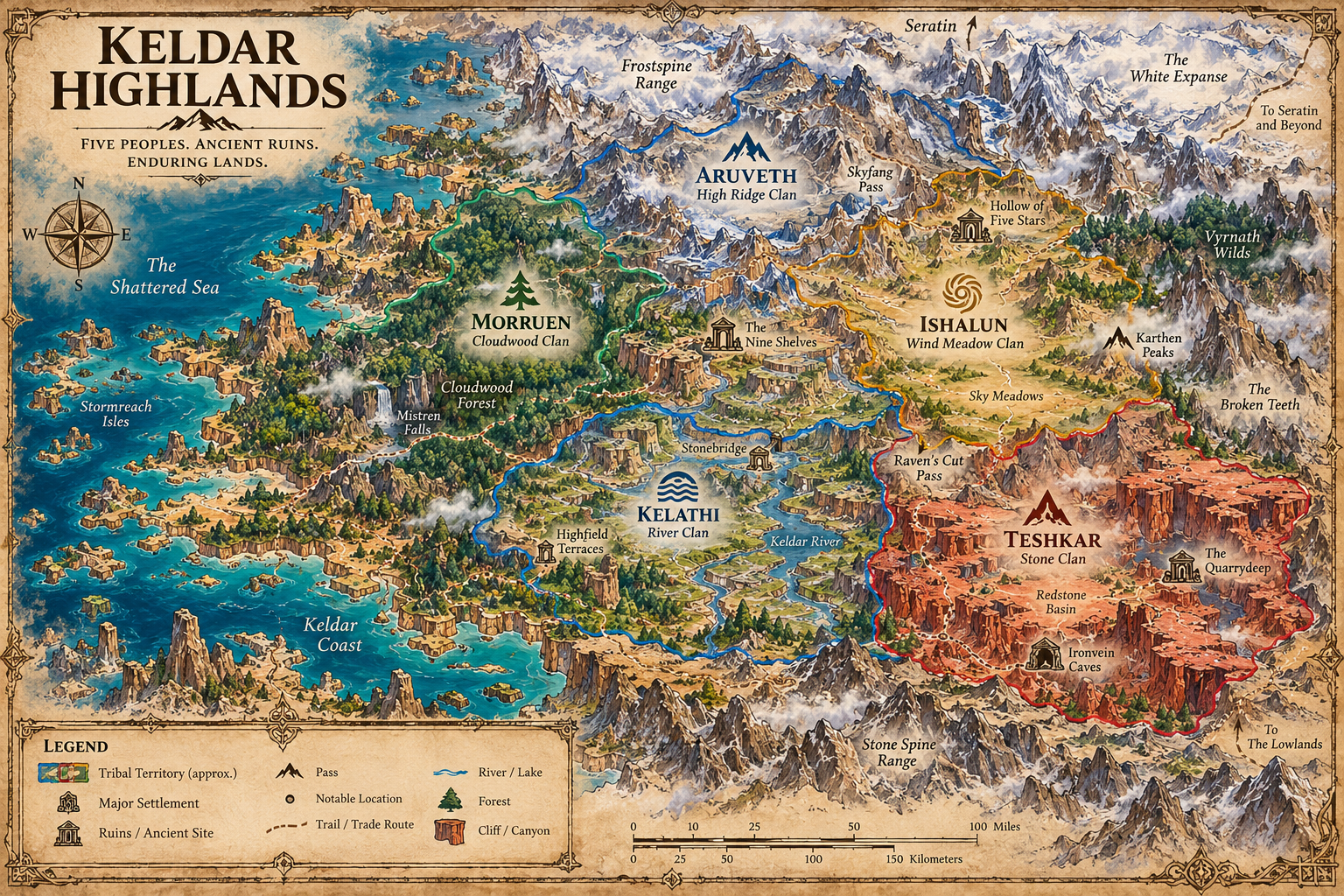 Keldar Highlands map showing the Aruveth, Morruen, Ishalun, Kelathi and Teshkar clan territories, mountains, rivers and ancient ruins