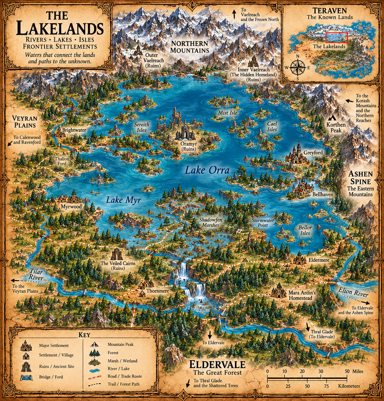 The Lakelands map. The rivers, lakes, islands and frontier settlements of the Lakelands.
