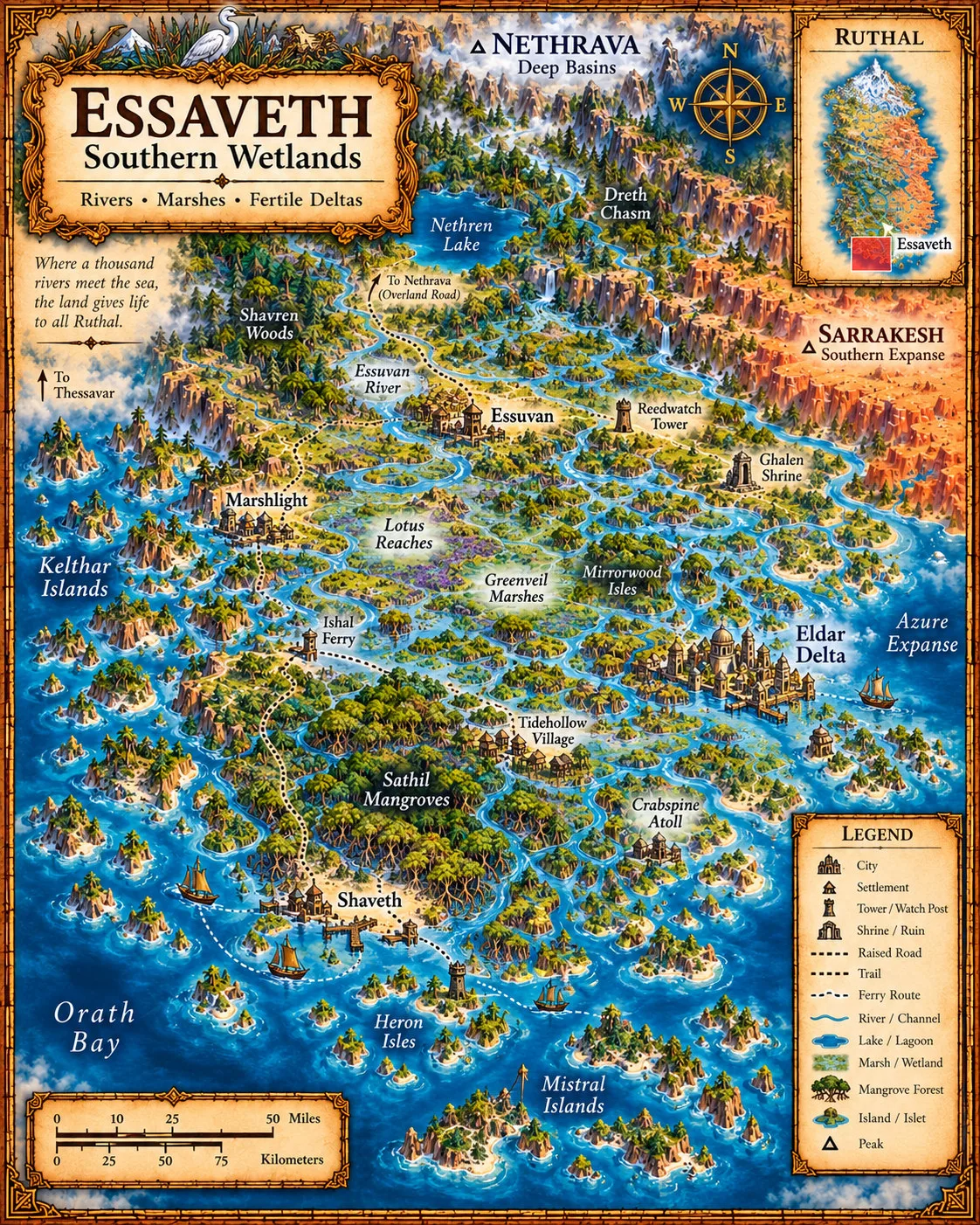 Ruthal — Essaveth, Southern Wetlands. The rivers, marshes, mangroves and fertile deltas where Ruthal meets the southern sea.