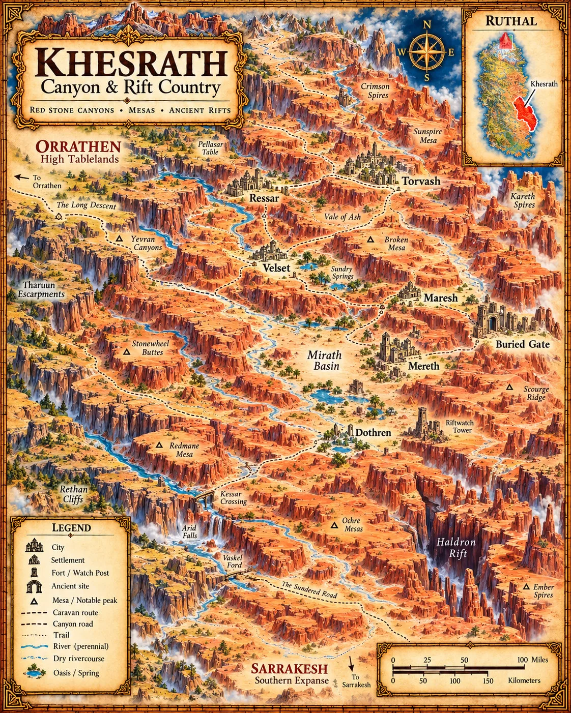 Ruthal — Khesrath, Canyon and Rift Country. The red stone canyons, mesas, oases and ancient rifts of Ruthal’s eastern country.
