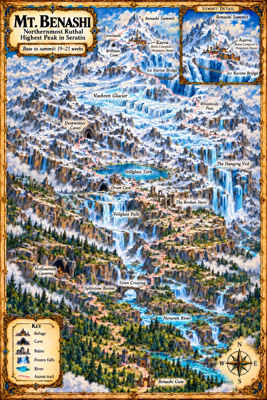 Ruthal — Mt. Benashi. Seratin’s highest peak in northernmost Ruthal, with the ascent trail from Benashi Gate past falls, caves, refuges and an ice ravine bridge to the frozen summit, and Brillieas Cave below Crownwalk.