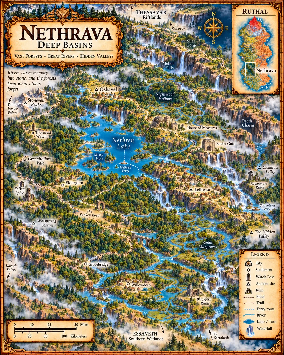 Ruthal — Nethrava, Deep Basins. The vast forests, great rivers and hidden valleys of the Deep Basins.