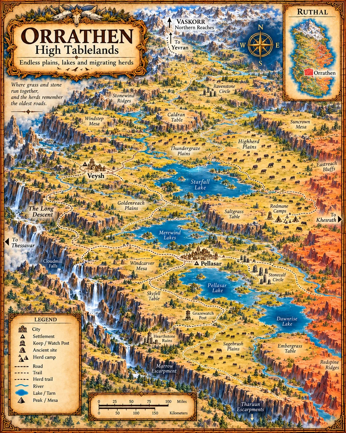 Ruthal — Orrathen, High Tablelands. Endless plains, lakes and migrating herds across Ruthal’s high tablelands.