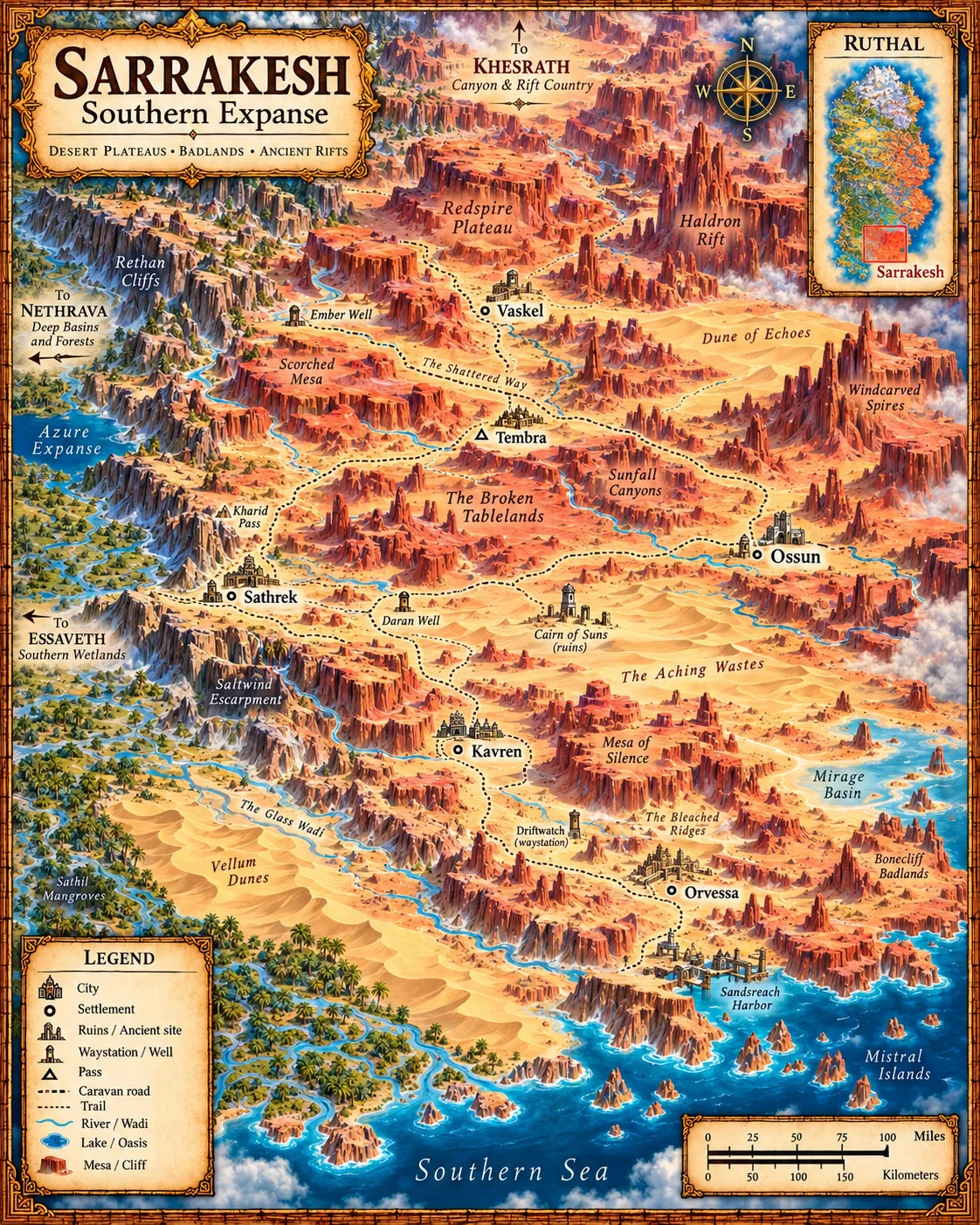 Ruthal — Sarrakesh, Southern Expanse. The desert plateaus, badlands, dunes and ancient rifts of Ruthal’s dry south.