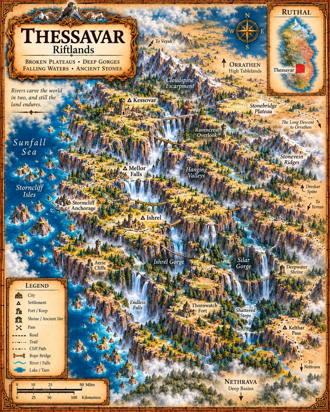 Ruthal — Thessavar, Riftlands. Broken plateaus, deep gorges, falling waters and ancient stones along the Sunfall Sea.