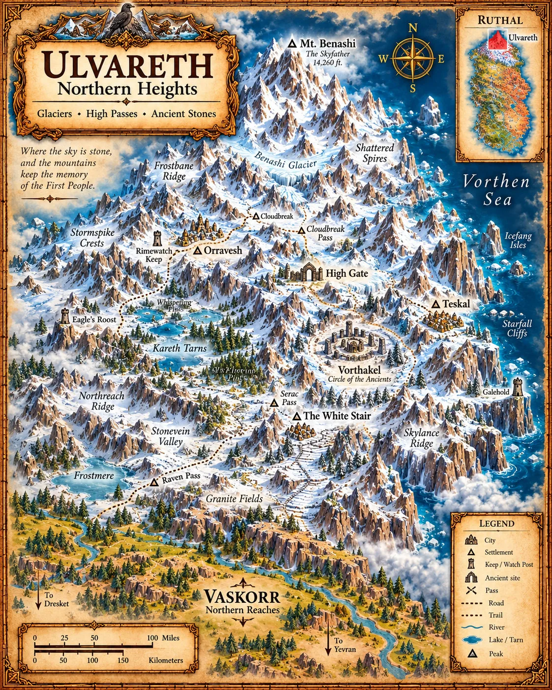 Ruthal — Ulvareth, Northern Heights. The glaciers, high passes and ancient stones of Ruthal’s far north, crowned by Mt. Benashi.