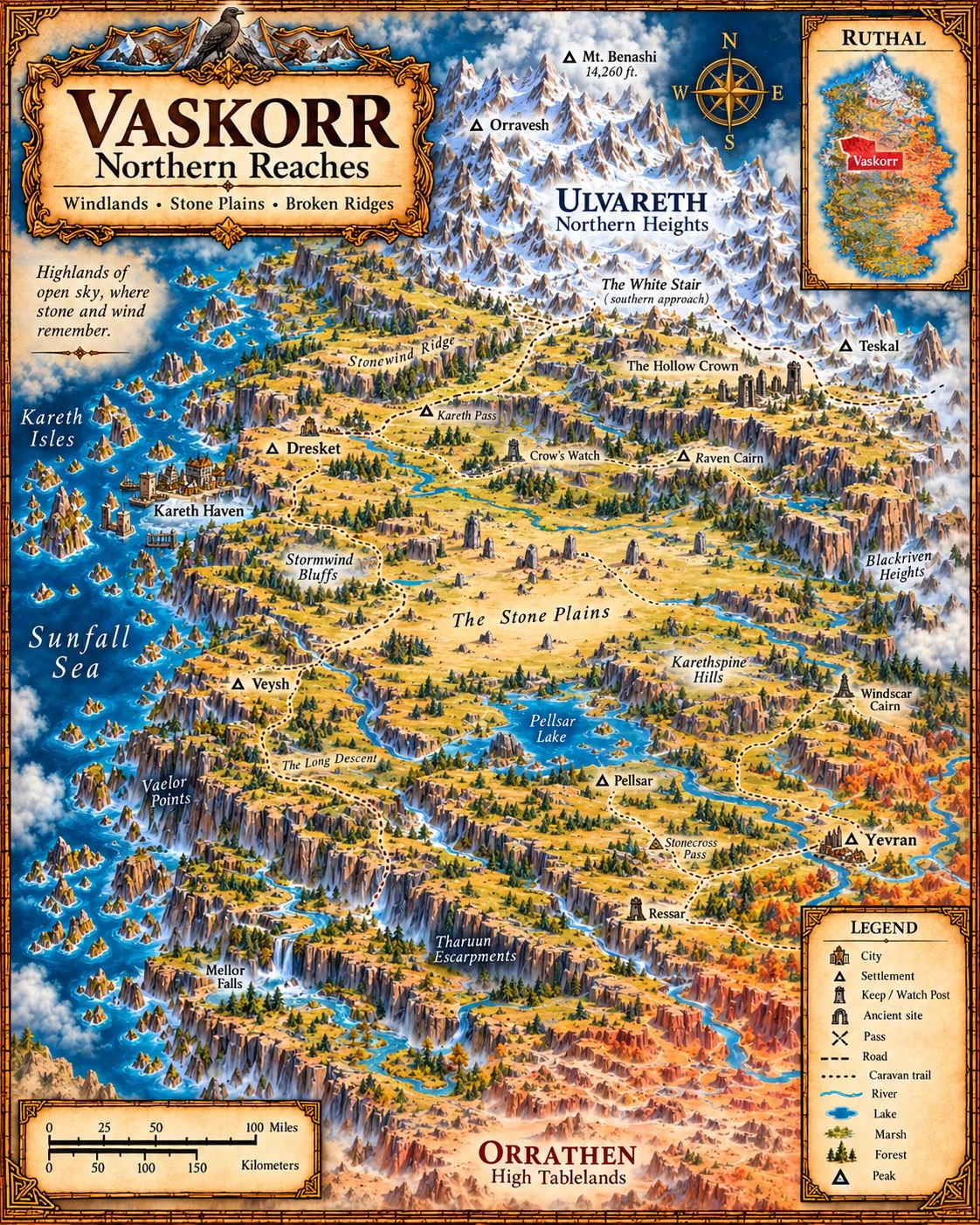 Ruthal — Vaskorr, Northern Reaches. The windlands, stone plains and broken ridges below the northern heights.
