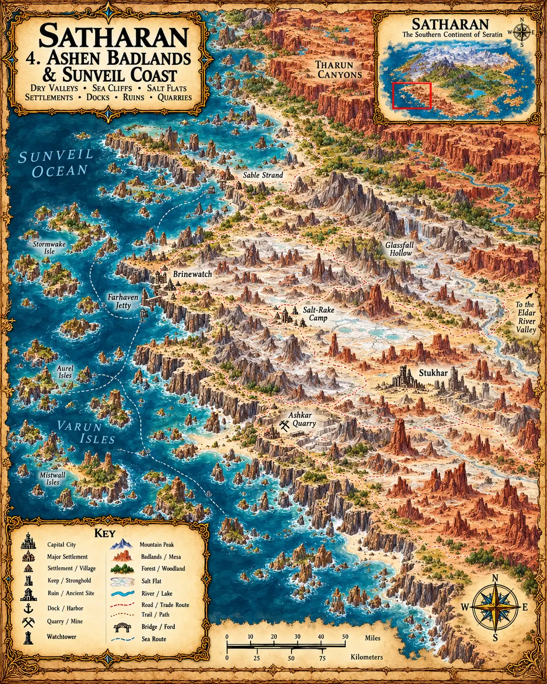 Satharan — The Ashen Badlands and Sunveil Coast. The dry valleys, salt flats, sea cliffs, docks and quarries of the Ashen Badlands and Sunveil Coast.