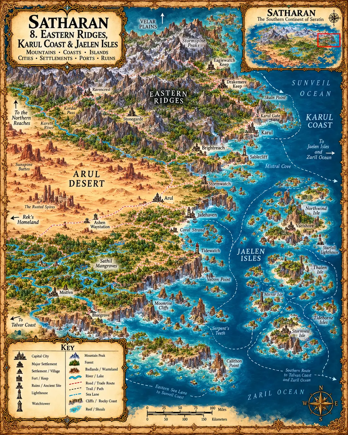 Satharan — The Eastern Ridges, Karul Coast and Jaelen Isles. The mountains, coasts, islands, port cities and ruins of the Eastern Ridges, Karul Coast and Jaelen Isles.