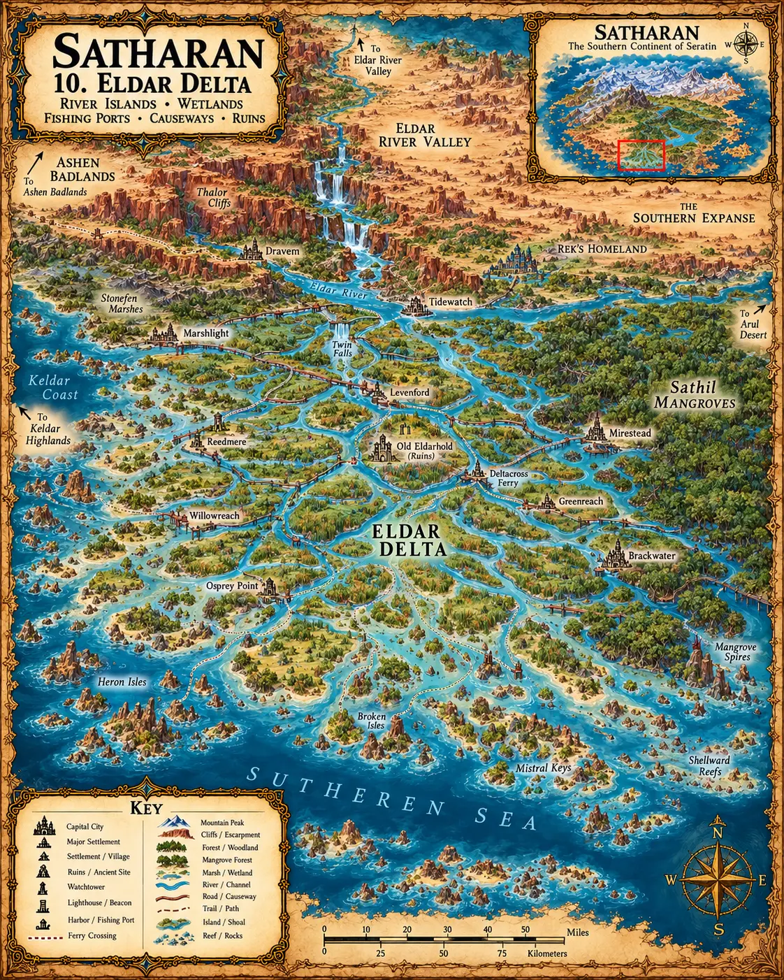 Satharan — The Eldar Delta. The river islands, wetlands, fishing ports, causeways and ruins of the Eldar Delta.