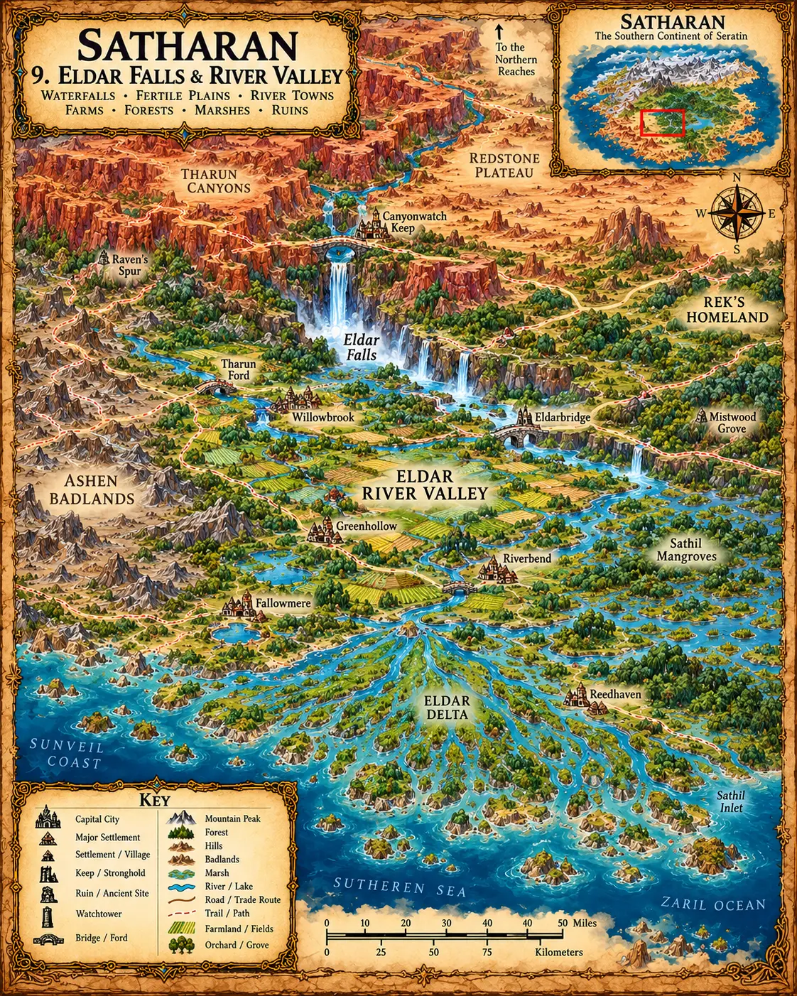 Satharan — Eldar Falls and the River Valley. The waterfalls, fertile plains, river towns, farms and marshes of Eldar Falls and the Eldar River Valley.