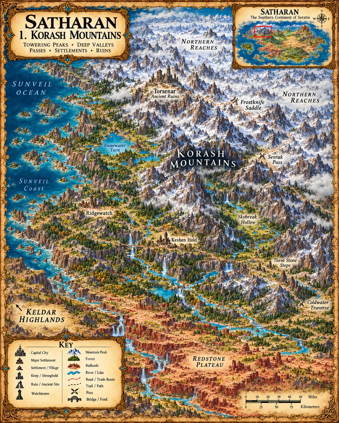 Satharan — The Korash Mountains. The towering peaks, deep valleys, high passes, settlements and ruins of the Korash Mountains.