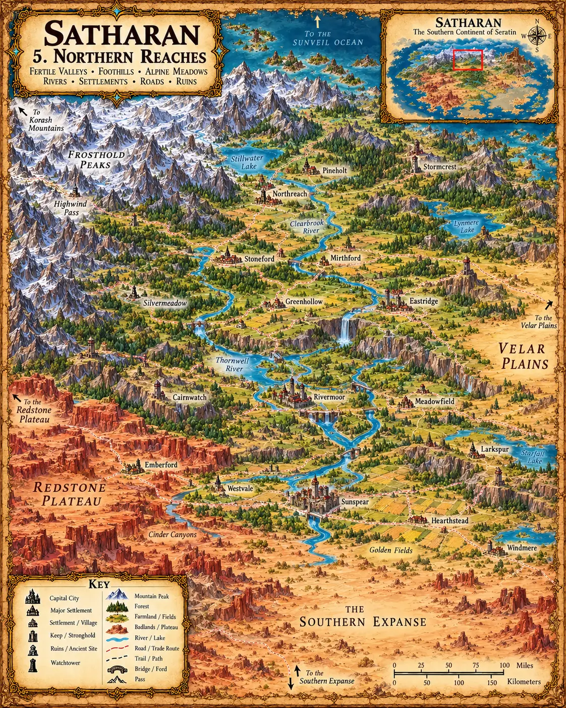 Satharan — The Northern Reaches. The fertile valleys, foothills, alpine meadows, rivers and towns of the Northern Reaches.