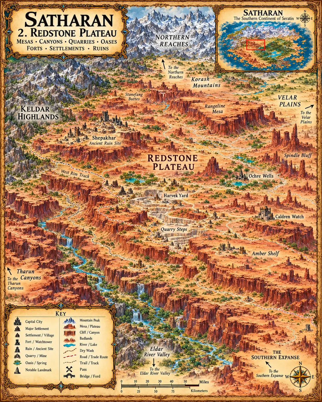 Satharan — The Redstone Plateau. The mesas, canyons, quarries, oases, forts and ancient ruins of the Redstone Plateau.